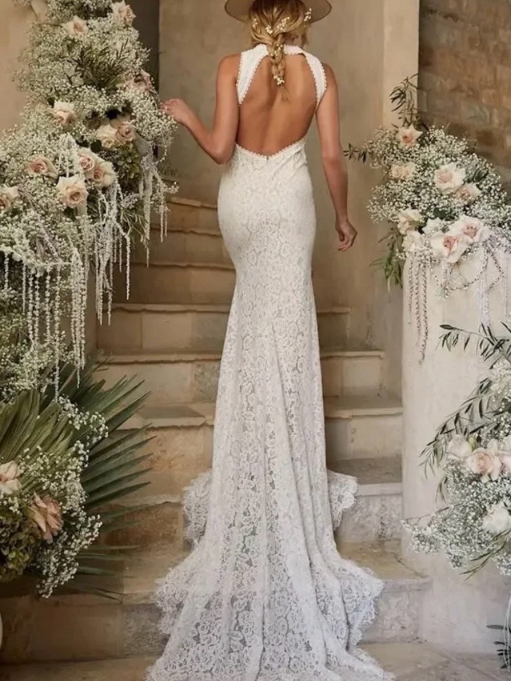 Lulu's Ivory Lace Backless Halter Maxi Dress